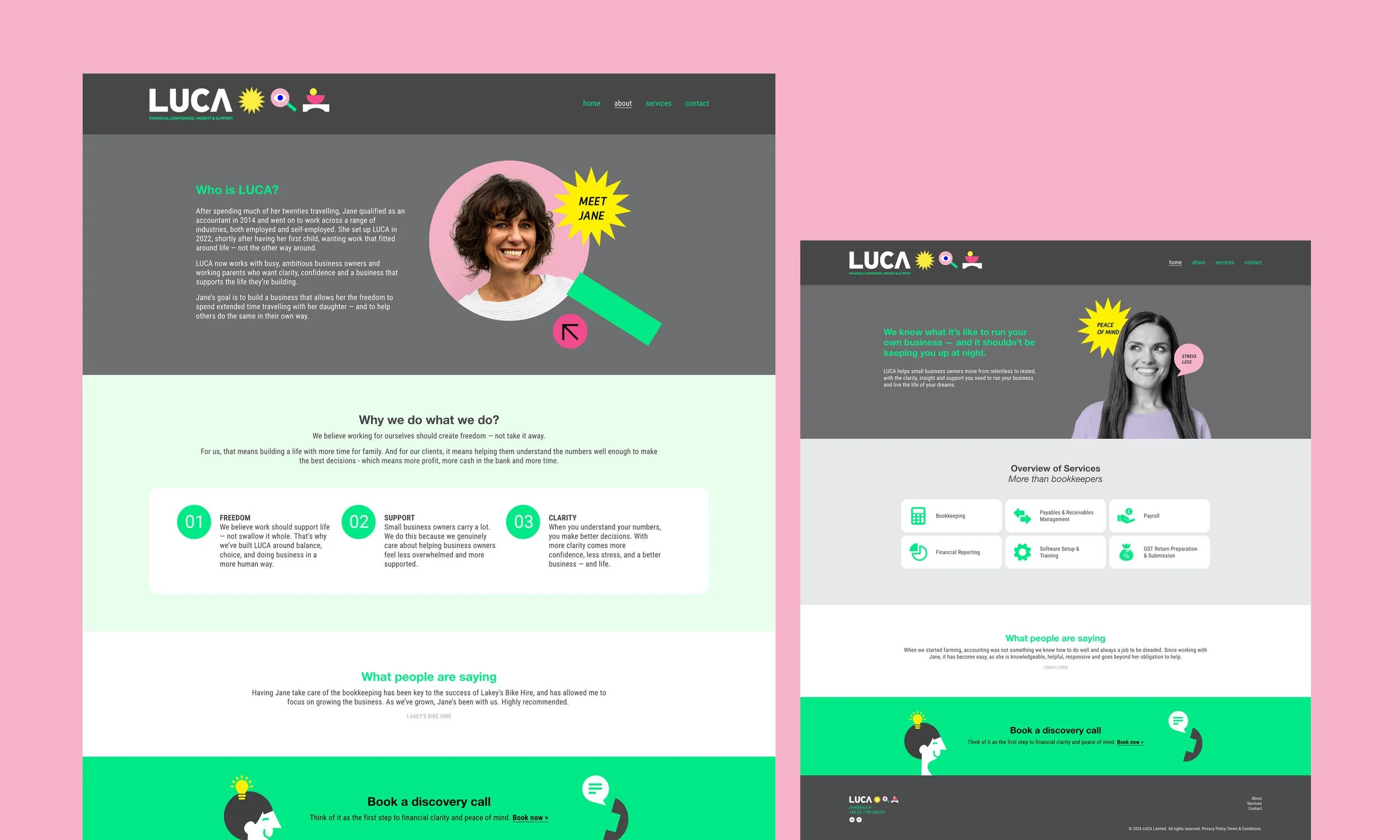 LUCA bookkeeping website design with bold visuals, clear messaging and icons, creating a modern, supportive experience for users.