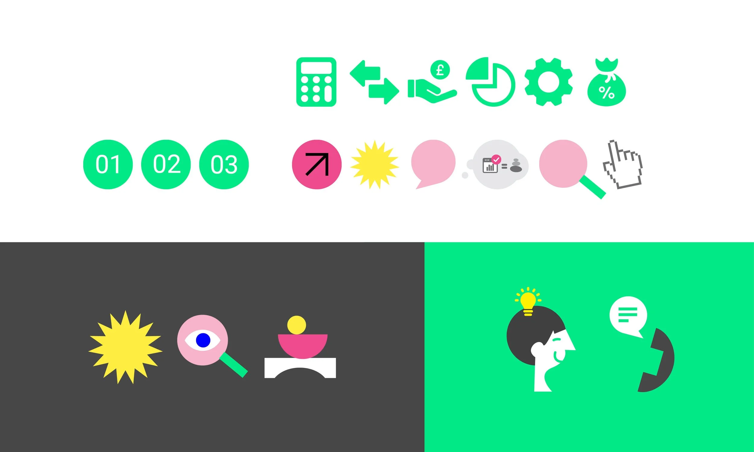 LUCA bookkeeping brand icons and illustrations using bold shapes and colour to represent finance, clarity, insight and support.