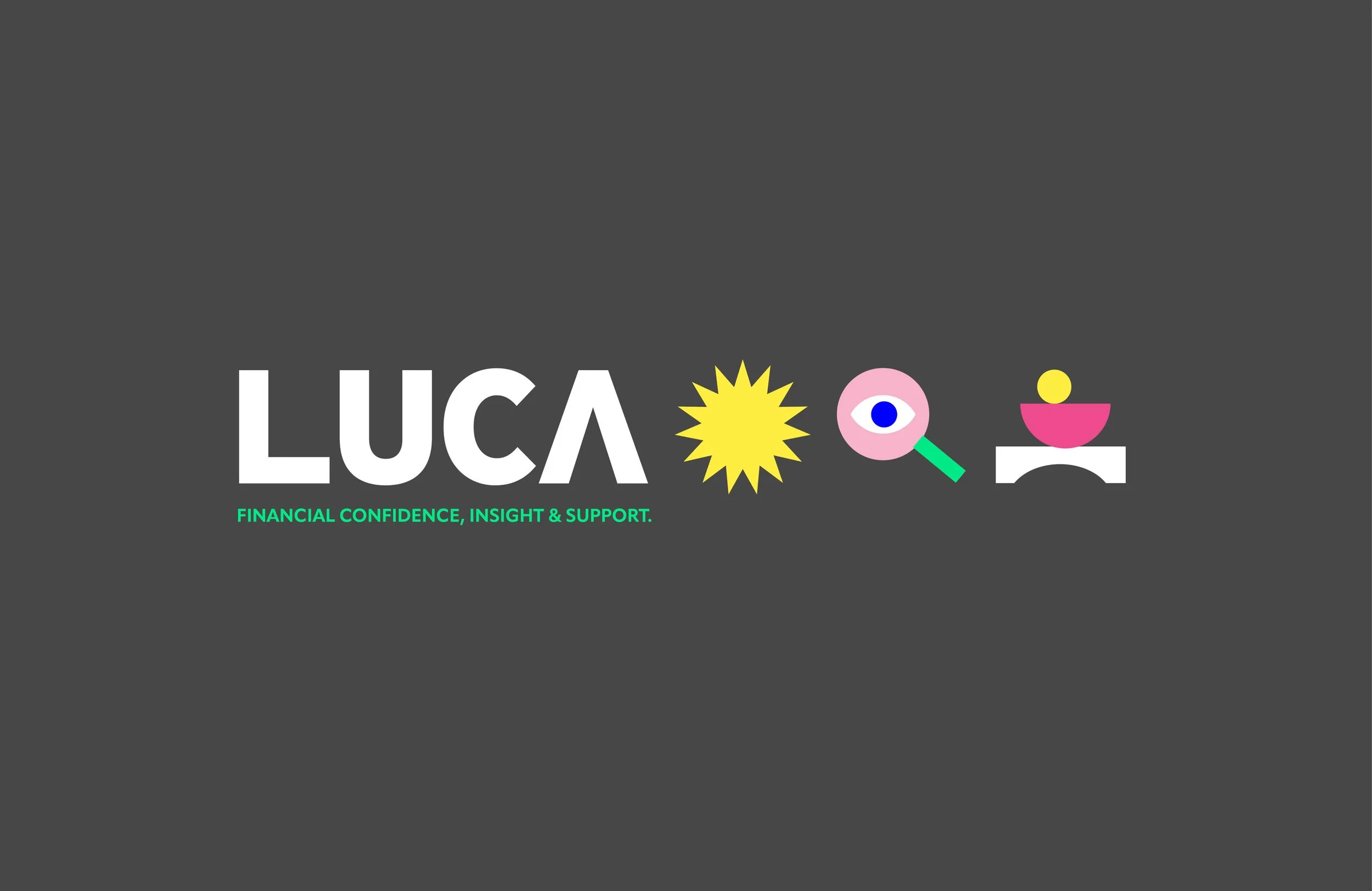 LUCA Jersey bookkeeper logo with bold typography and colourful icons, representing clarity, insight and support for businesses.