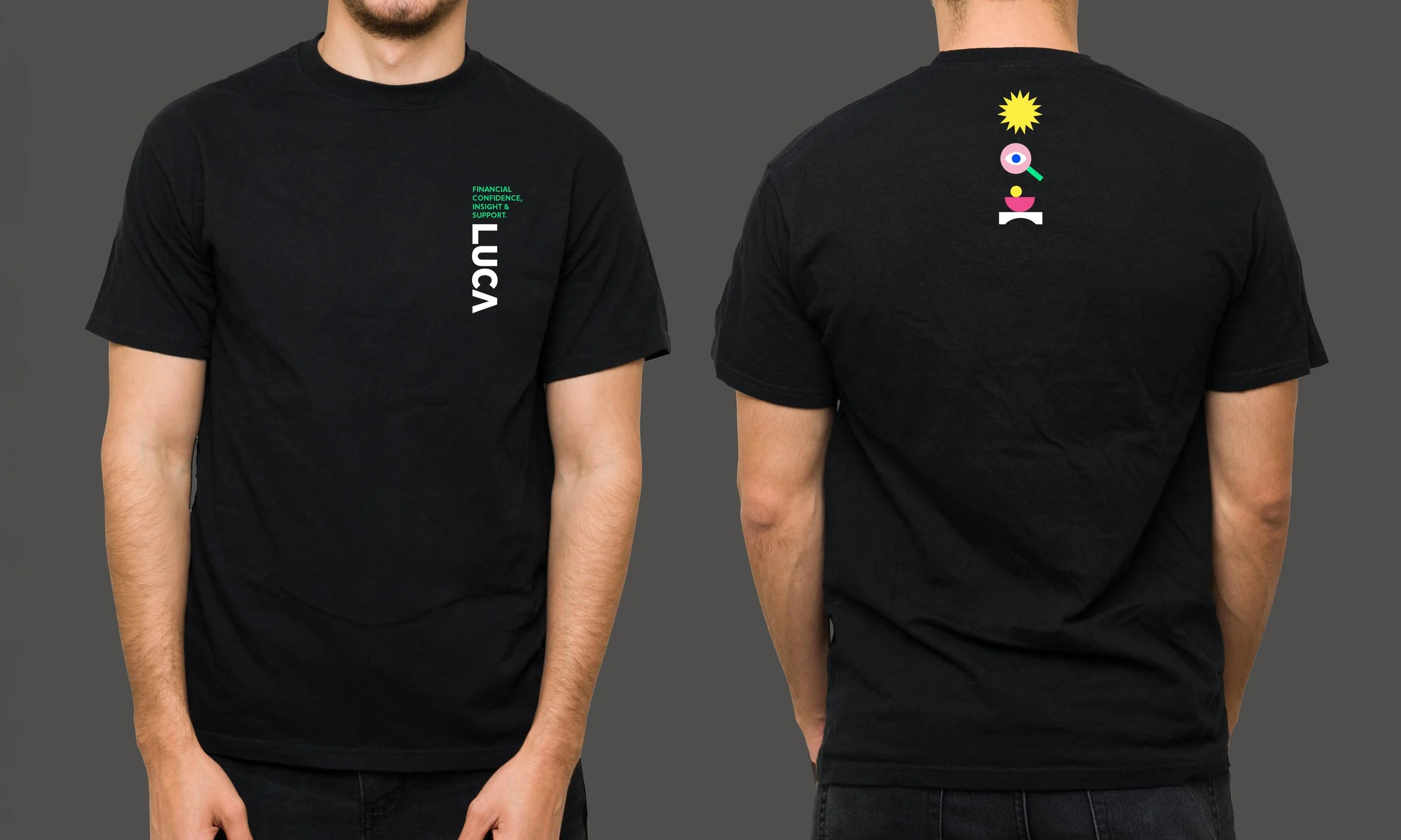 LUCA Jersey t-shirt design with minimal front logo and bold back icons, blending professionalism with a modern feel.