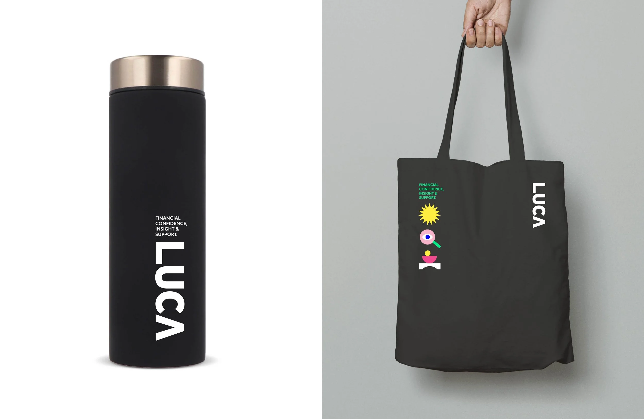 LUCA bookkeeping branded bottle and tote, showcasing modern design and a mission of financial clarity, confidence, and support.
