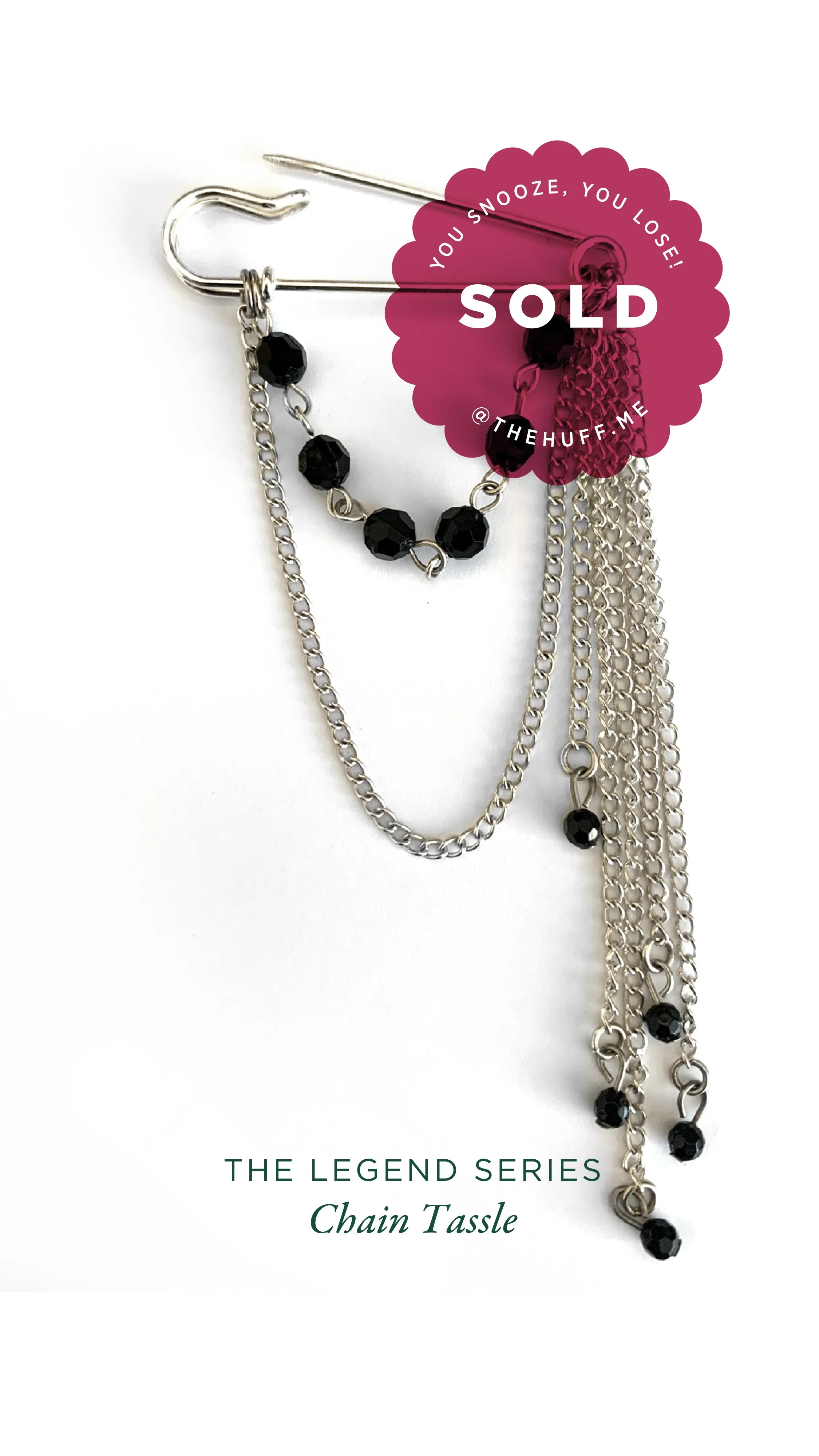 Silver jewellery with black beads, includes chains, a pin with black beads, against a white background with a sale sticker and product description.