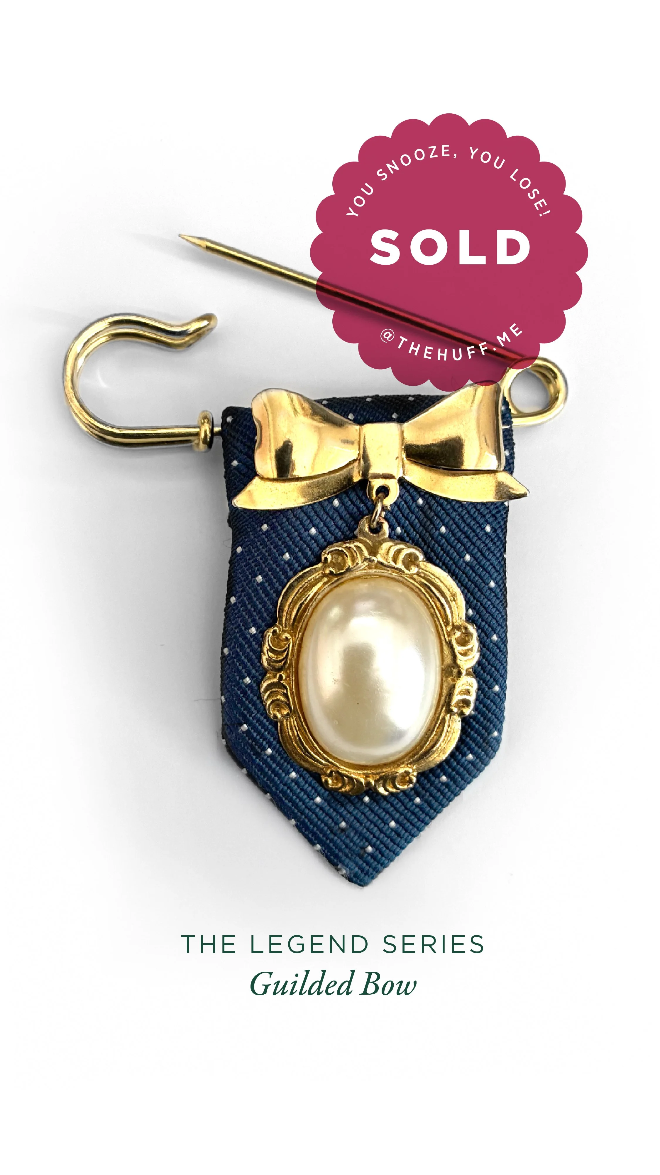 A thank you note for a guided bow jewelry piece, featuring a golden bow, a large pearl pendant, and a blue fabric background with white polka dots.