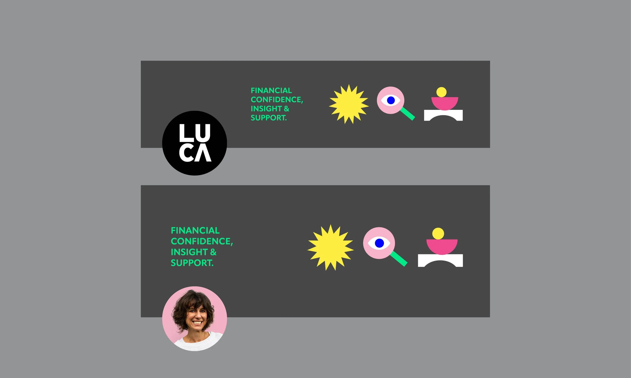 LUCA branding for a Jersey accountant, using bold type and playful icons to bring clarity, confidence and support to small businesses.