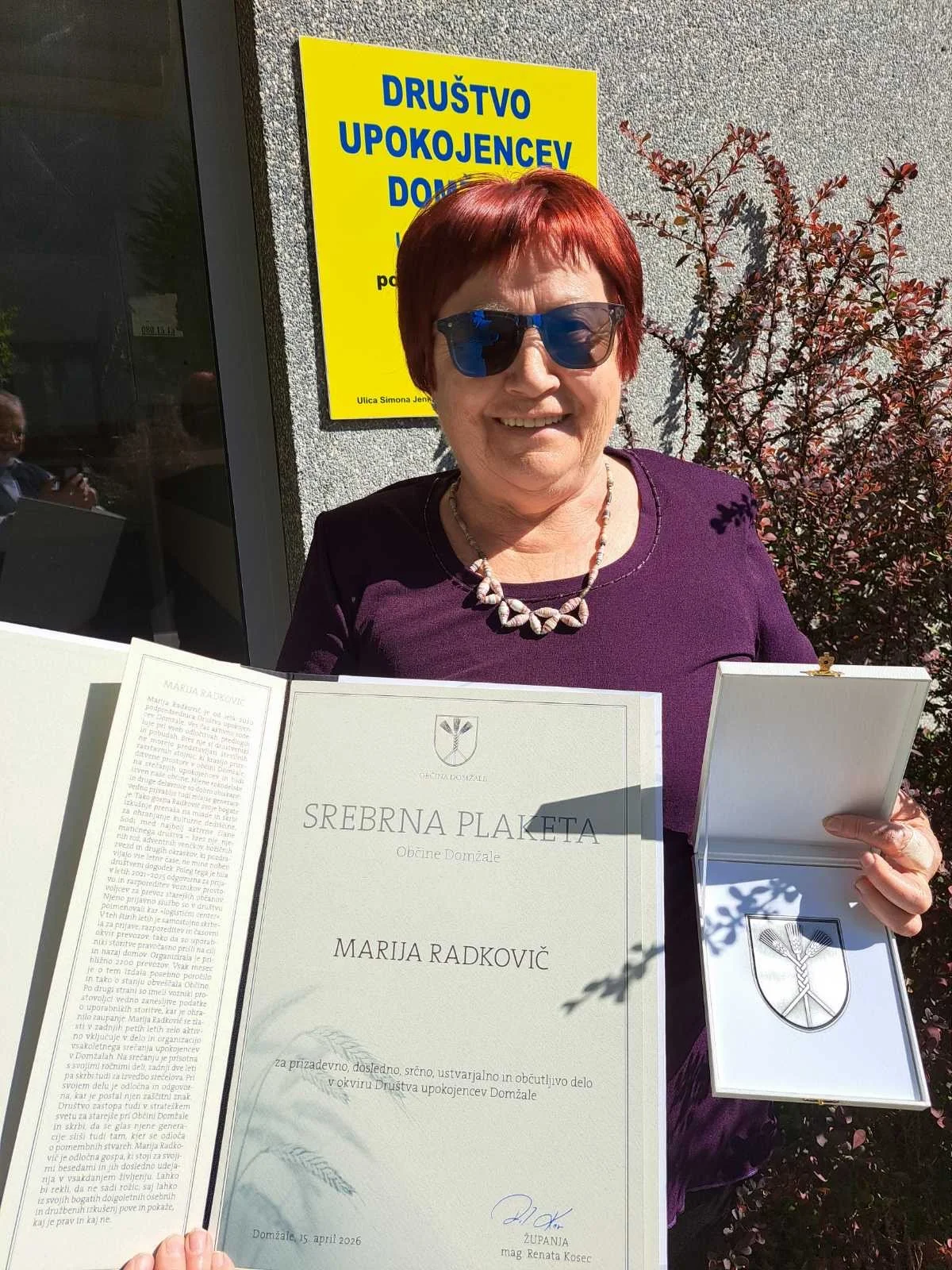 Marija Radkovič - srebrna plaketa Občine Domžale