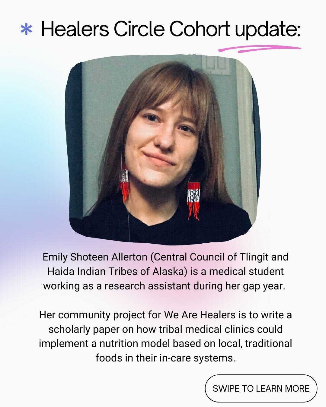 💜✨ Healers Circle Cohort update:

Emily Shoteen Allerton @_errantry_ (Central Council of Tlingit and Haida Indian Tribes of Alaska) is a medical student working as a research assistant during her gap year. 

Her community project for We Are Healers 