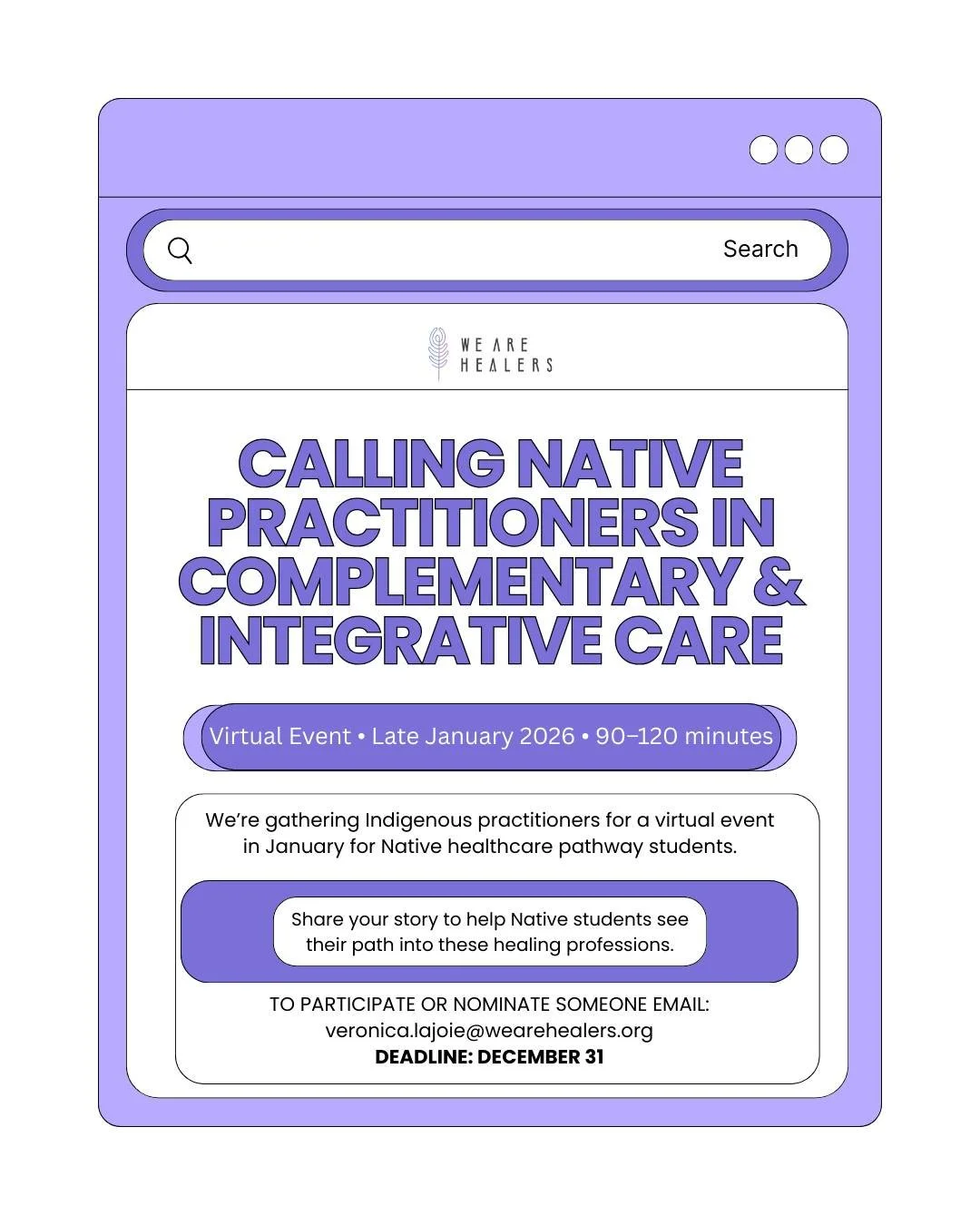 We Are Healers is gathering Indigenous practitioners in complementary and integrative care for a virtual event for Native students on healthcare pathways. 🌿✨

If you&rsquo;re a Native practitioner in chiropractic, acupuncture, massage and bodywork, 