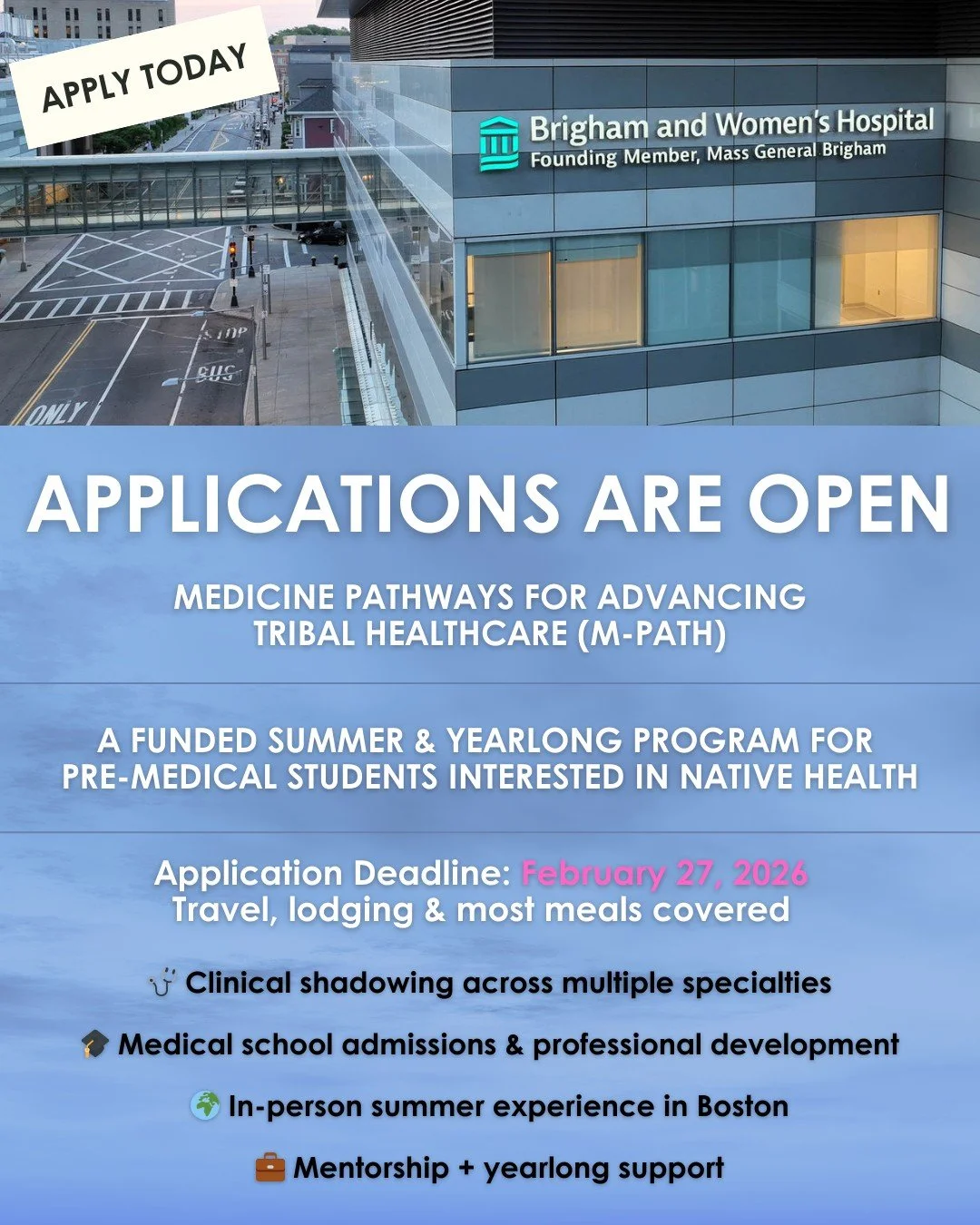 ✨ Applications are OPEN ✨ @flip_bwh 

Calling all pre-medical students interested in becoming physicians and advancing Native health.

The Medicine Pathways for Advancing Tribal Healthcare (M-PATH) program is now accepting applications for its third 