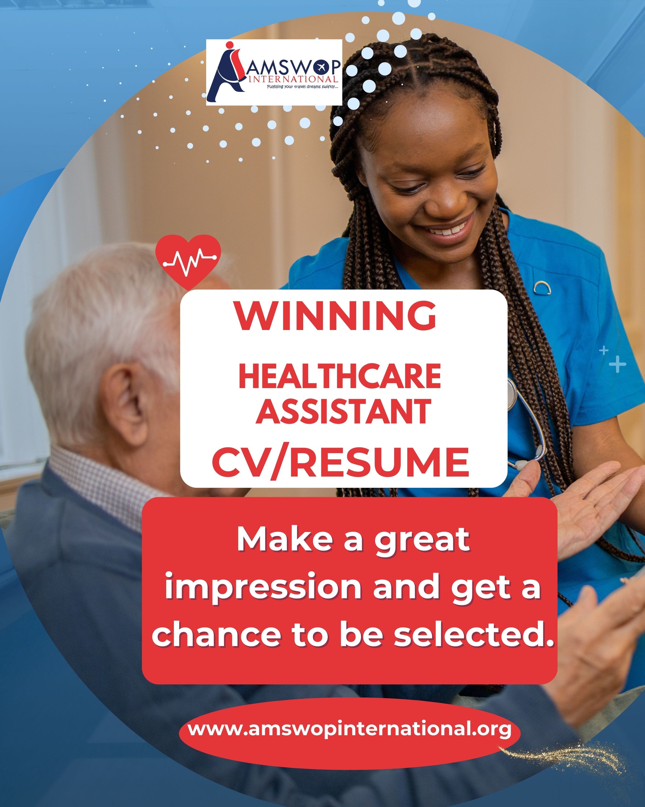 Healthcare professional smiling at elderly man with text promoting healthcare assistant CV tips.
