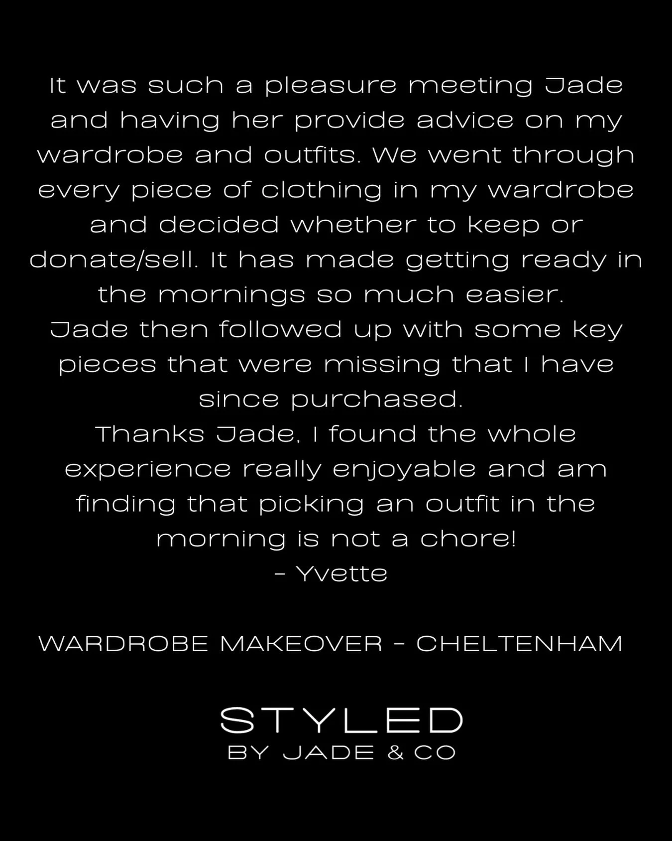 &bull; T E S T I M O N I A L &bull;

There is nothing more rewarding than hearing how transformative a styling experience can be for my clients 🤍
Thank you Yvette, it was such a pleasure working with you. 

#styledbyjade #wardrobestylist #melbournes