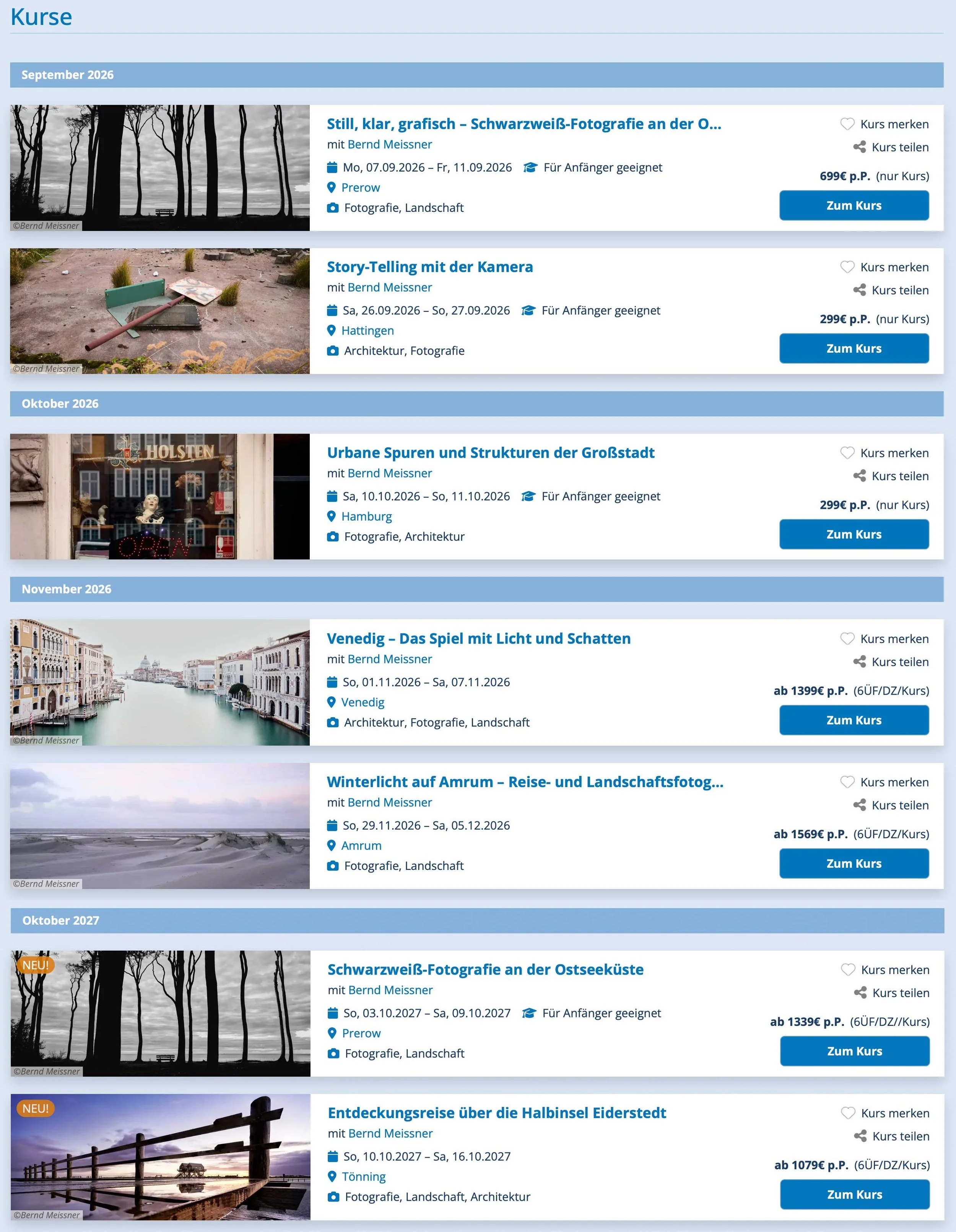 Eine Auflistung der Fotoreisen, die Bernd leitet
