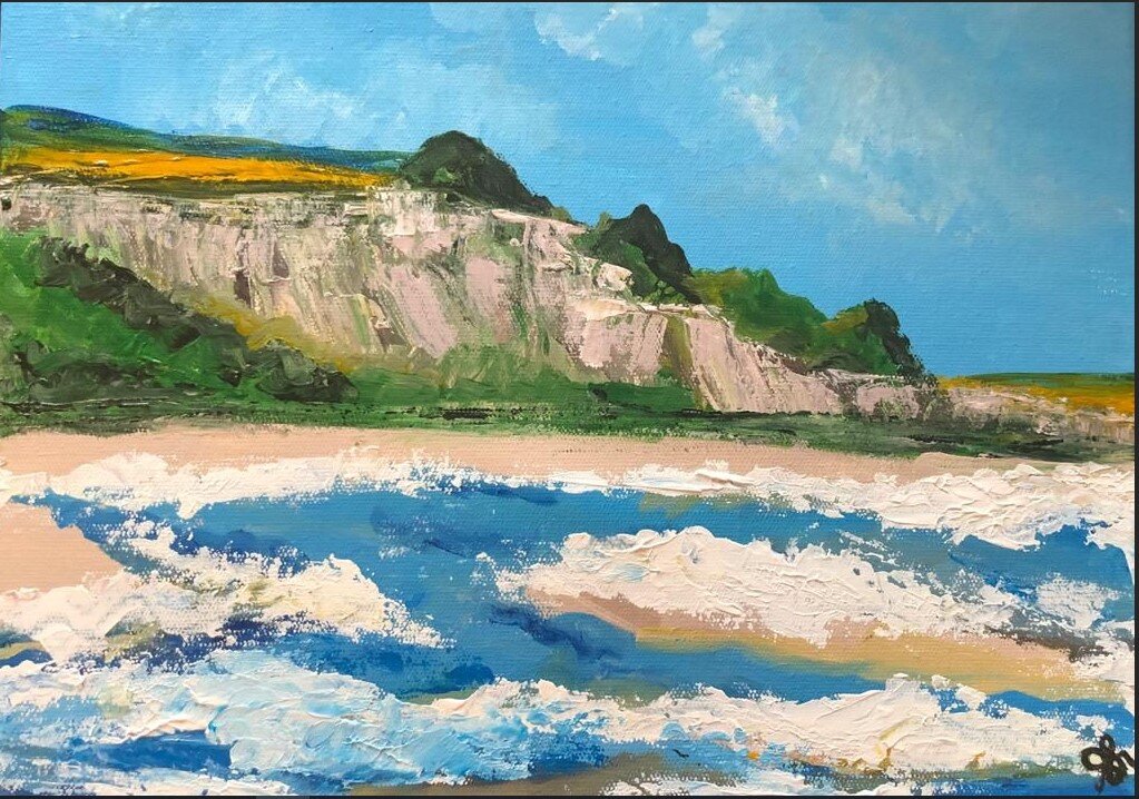 Coastal Seascape by Shereena Habib Price: (Size: 11.7 x 15.7 inches)
This painting is a cliff by the coast of a beach with crashing waves near the shore.