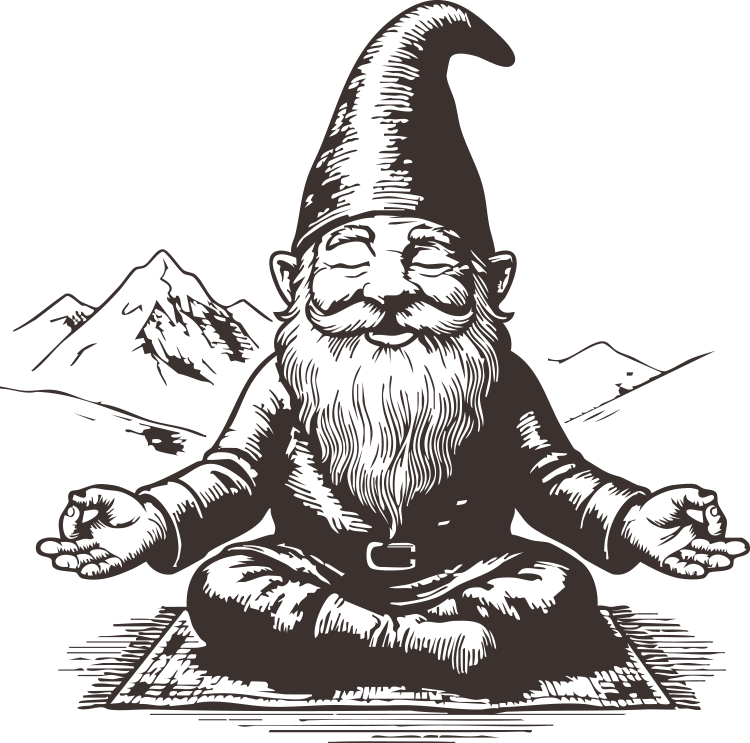 A gnome with a long beard and hat, sitting cross-legged with open hands, in front of mountains at night.