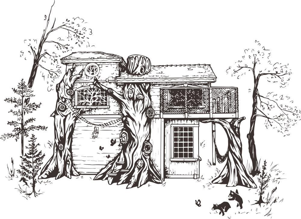 Illustration of a whimsical treehouse with a large tree trunk forming part of the structure, set in a forest with trees and animals around.