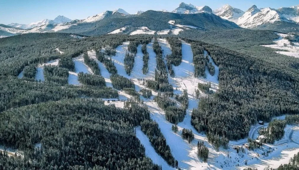 Aerial view of snow-covered mountains with a ski trail winding through dense evergreen forest in a winter landscape.