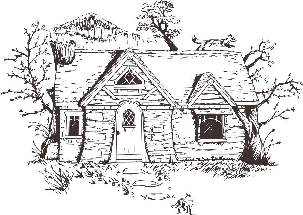 Drawing of a rustic house with a peaked roof, surrounded by trees and mountains in the background.