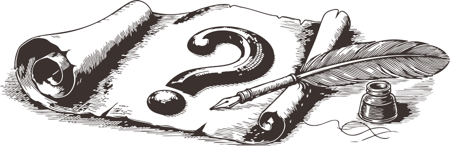 Black and white illustration of a scroll of paper, a question mark, a quill pen, an ink bottle, and a rolled-up paper.