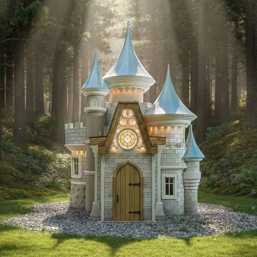 A fairy tale castle with blue pointed roofs, a wooden door, and a clock above the entrance, situated in a forest clearing with sunlight filtering through trees.