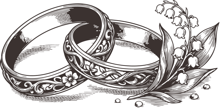 Two wedding rings intertwined with a sprig of lily of the valley flowers.