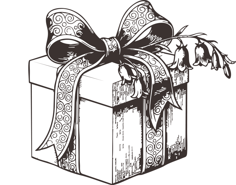Box wrapped with ribbon and decorated with flowers, representing a gift or present.