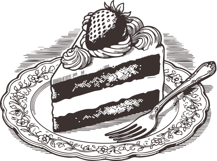 A slice of layered cake on a decorative plate with a fork, topped with whipped cream and a strawberry.