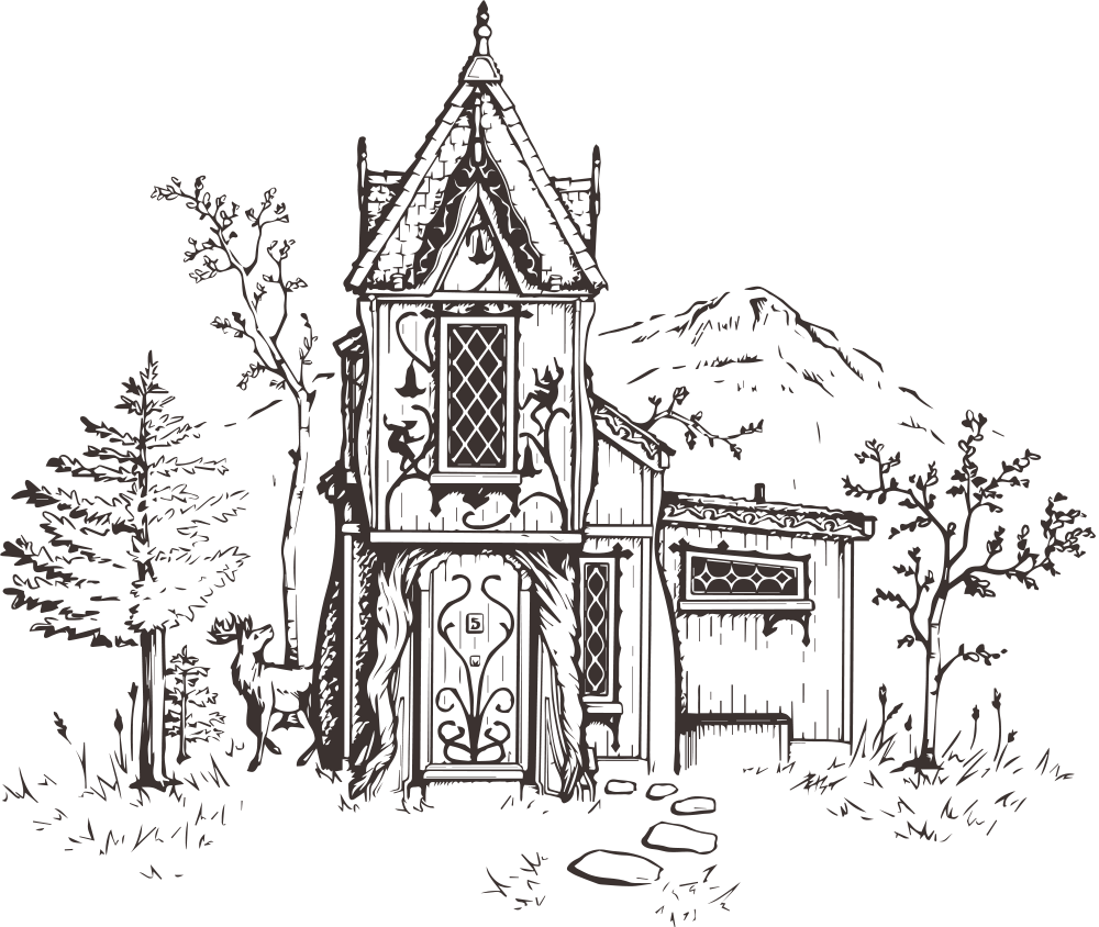 Black and white sketch of a spooky, old, haunted house with a pointed roof, ornate door, surrounded by trees, with mountains in the background.