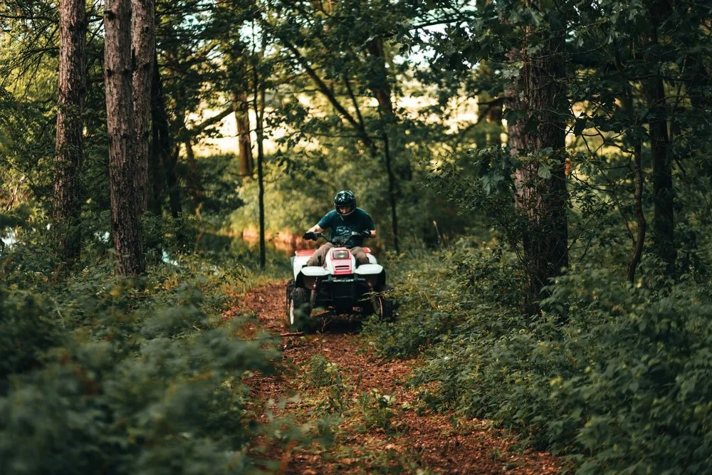 A person riding an ATV through a forest trail surrounded by trees and greenery.