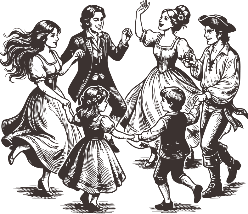 Illustration of a group of children and women dancing in a circle, holding hands and playing, in a vintage style.