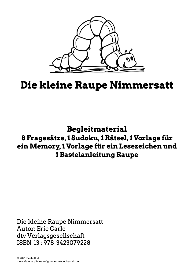  Deckblatt zum Arbeitsmaterial für das Buch Die kleine Raupe Nimmersatt  