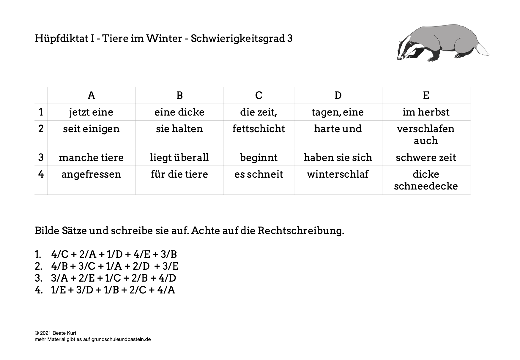  Tiere im Winter Hüpfdiktat 