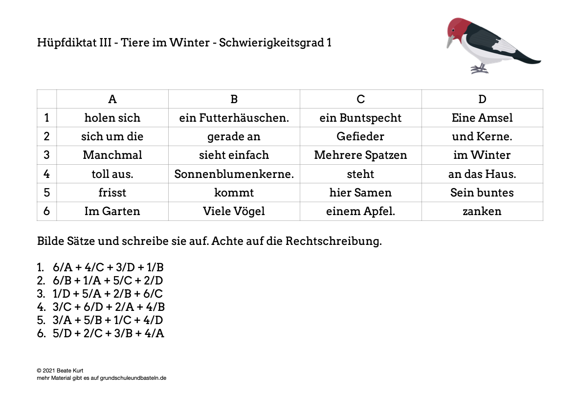  Tiere im Winter Hüpfdiktat 