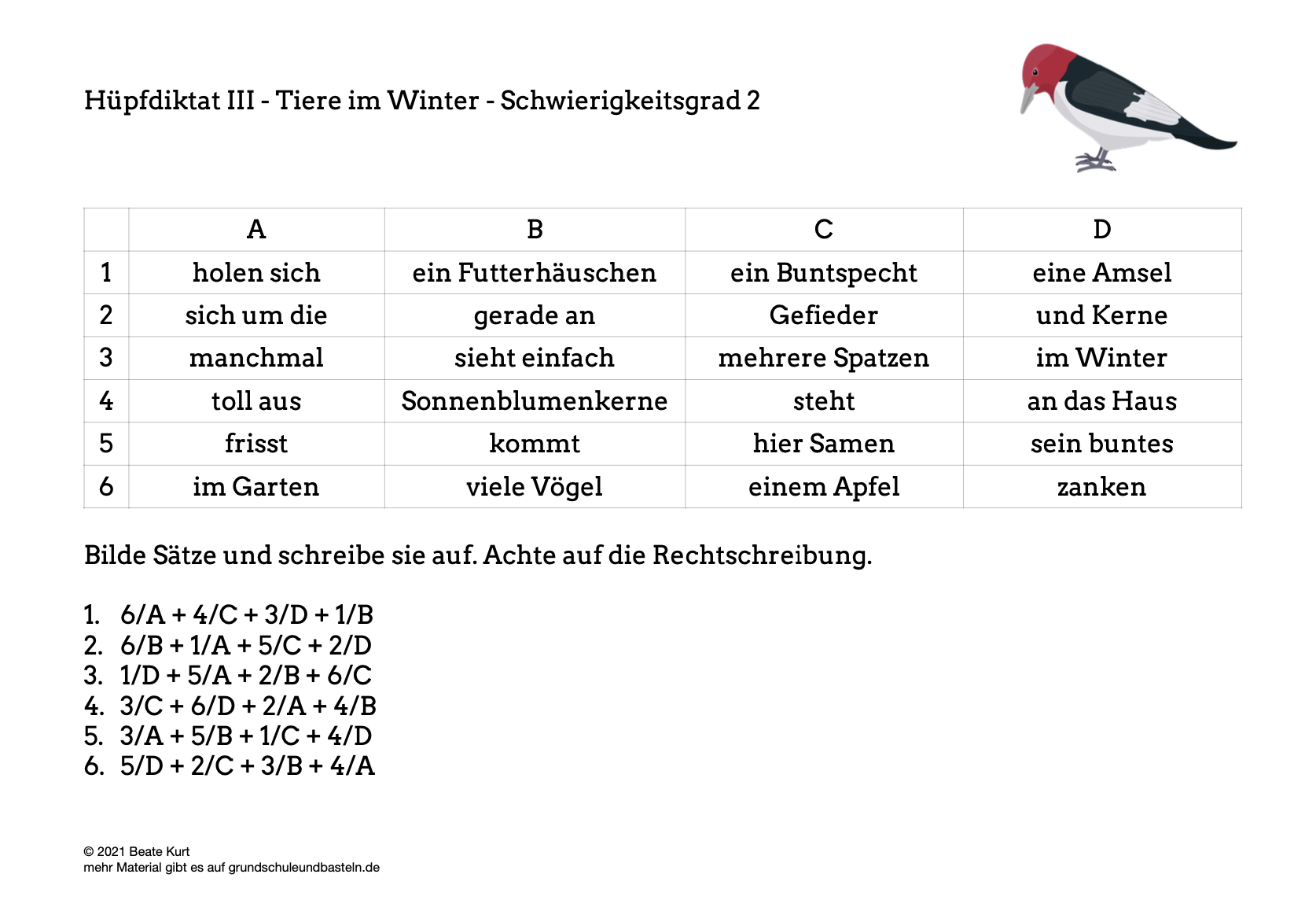  Tiere im Winter Hüpfdiktat 