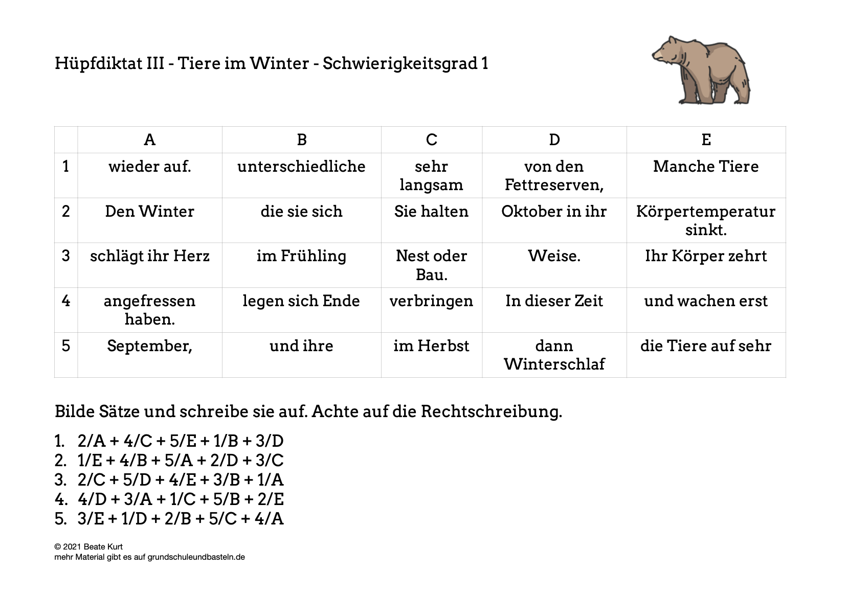  Tiere im Winter Hüpfdiktat 