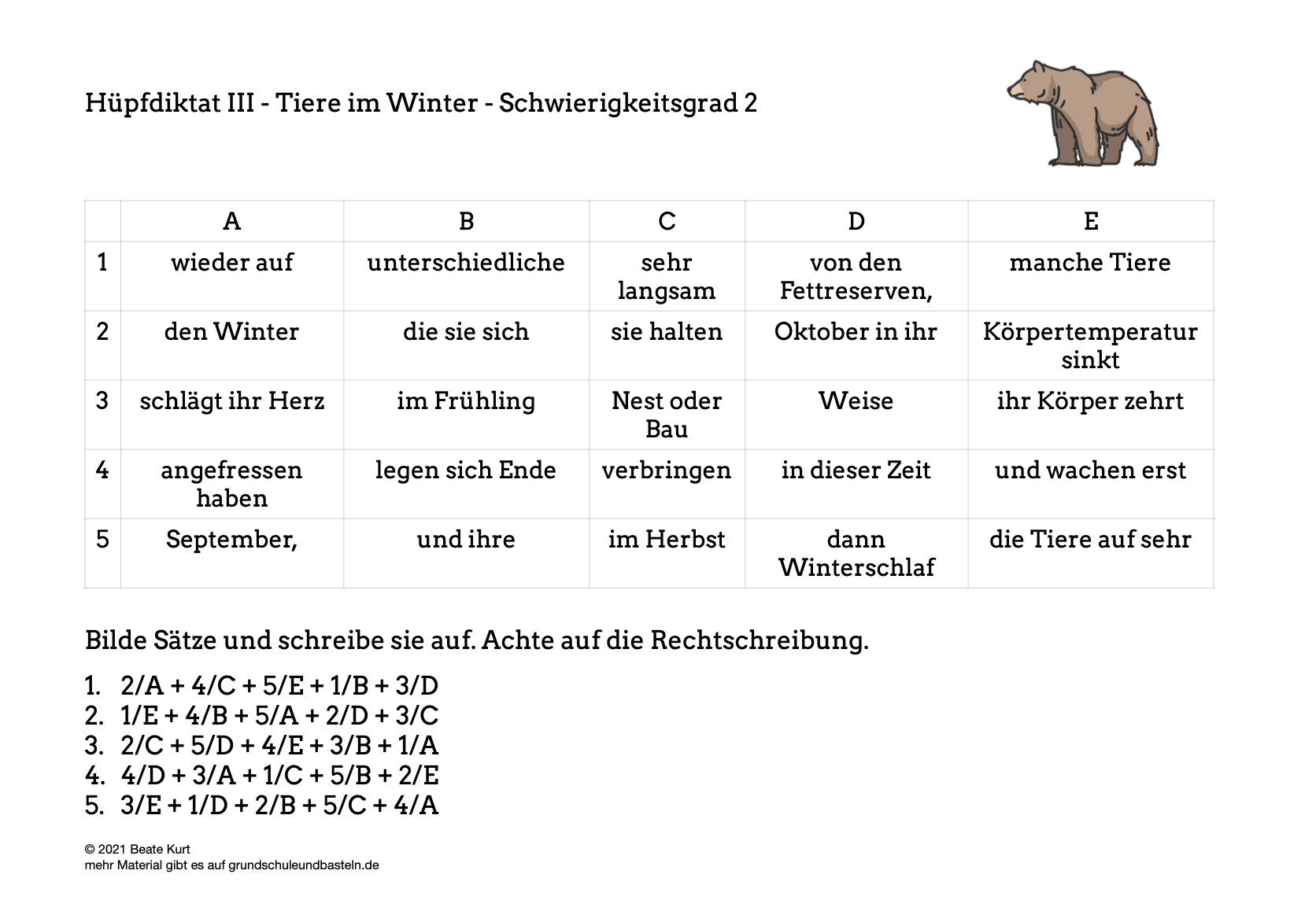  Tiere im Winter Hüpfdiktat 