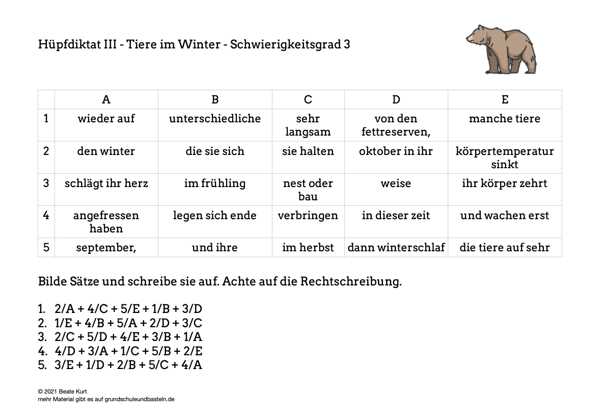  Tiere im Winter Hüpfdiktat 