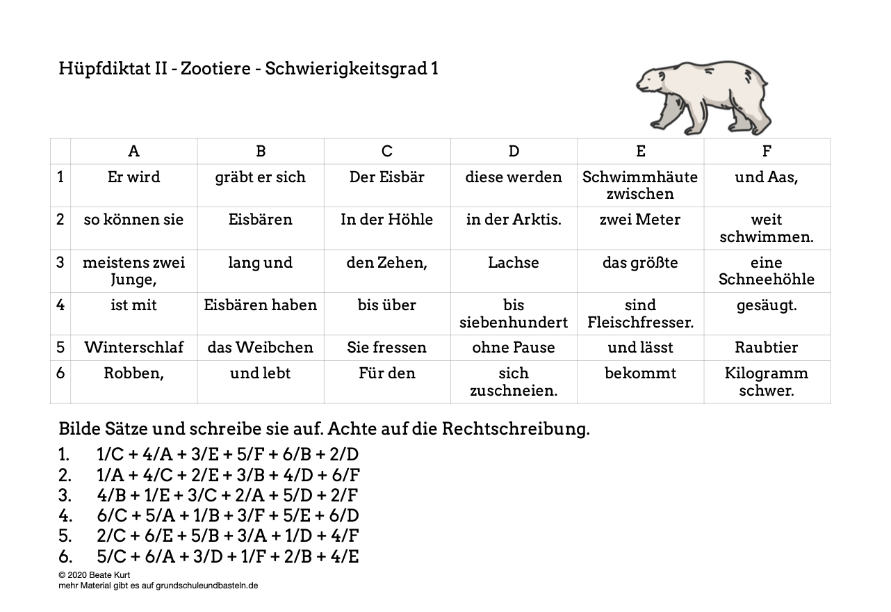  Im Zoo: Hüpfdiktate Klasse 4 