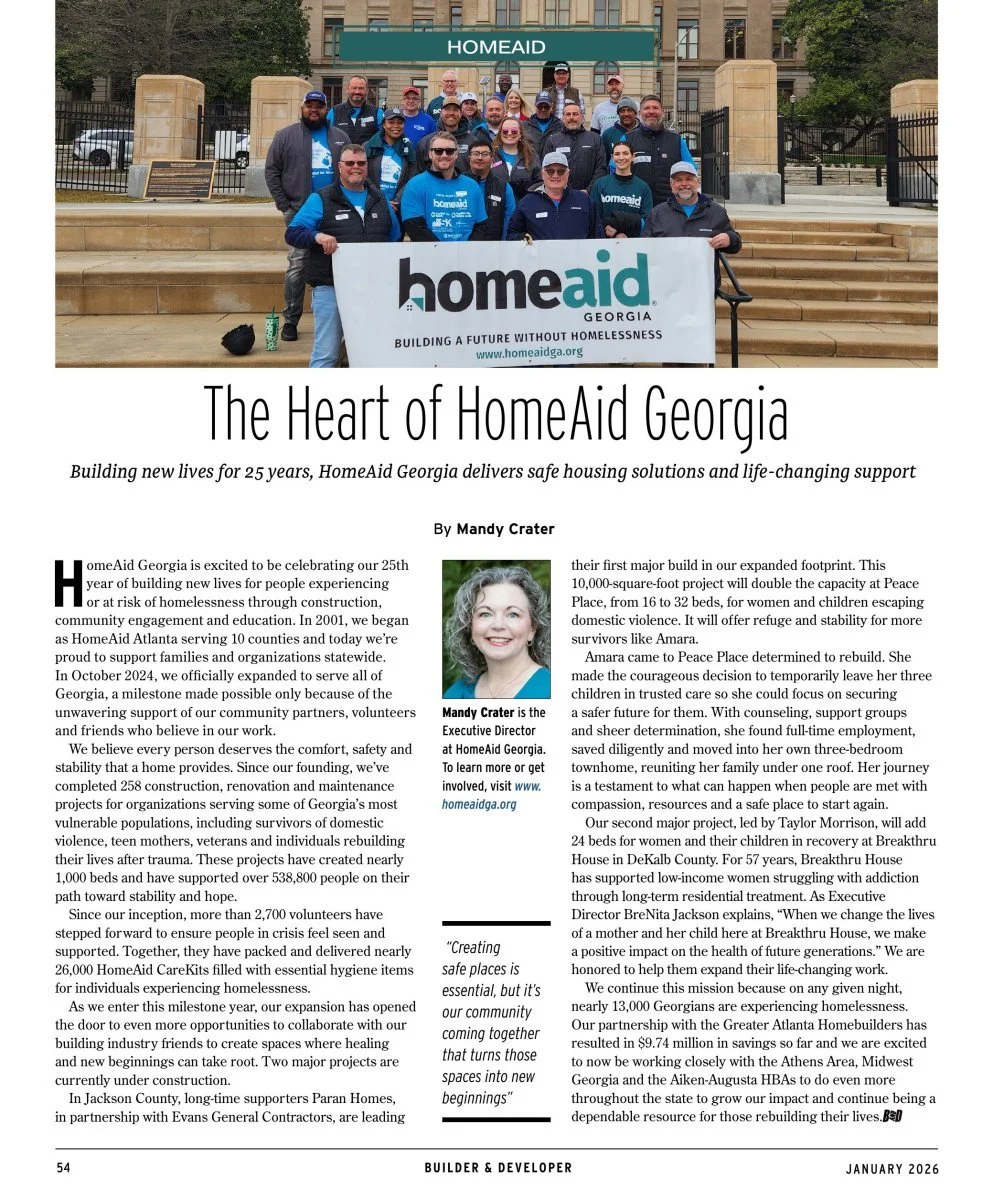 HomeAid Georgia featured in Builder &amp; Developer Magazine’s January Issue (pg. 54)