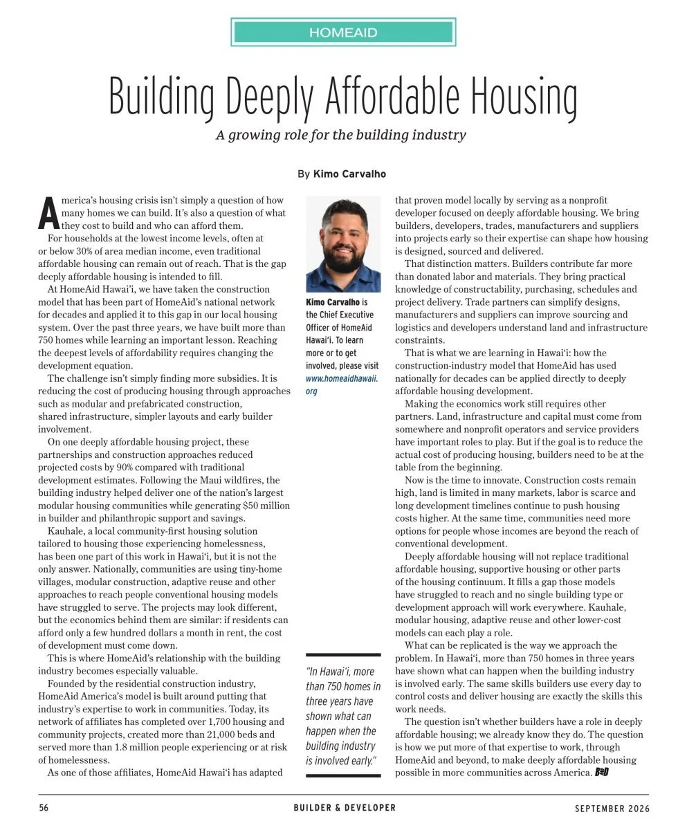 HomeAid Hawai’i featured in Builder &amp; Developer Magazine’s September Issue (pg. 56) 