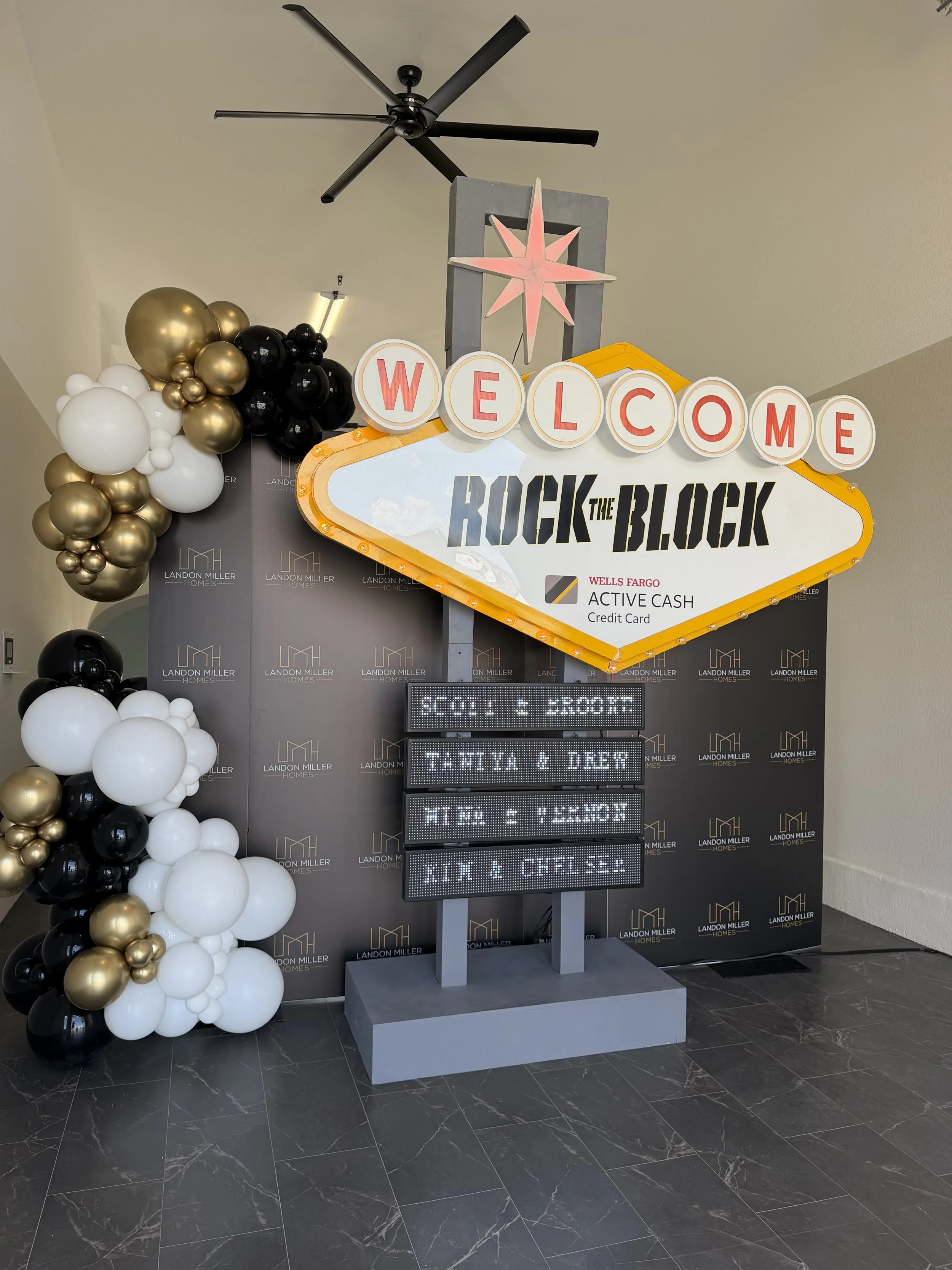 A black, white, gold Vegas themed sign