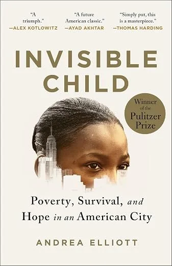 Book cover featuring half of a woman's face and a city skyline