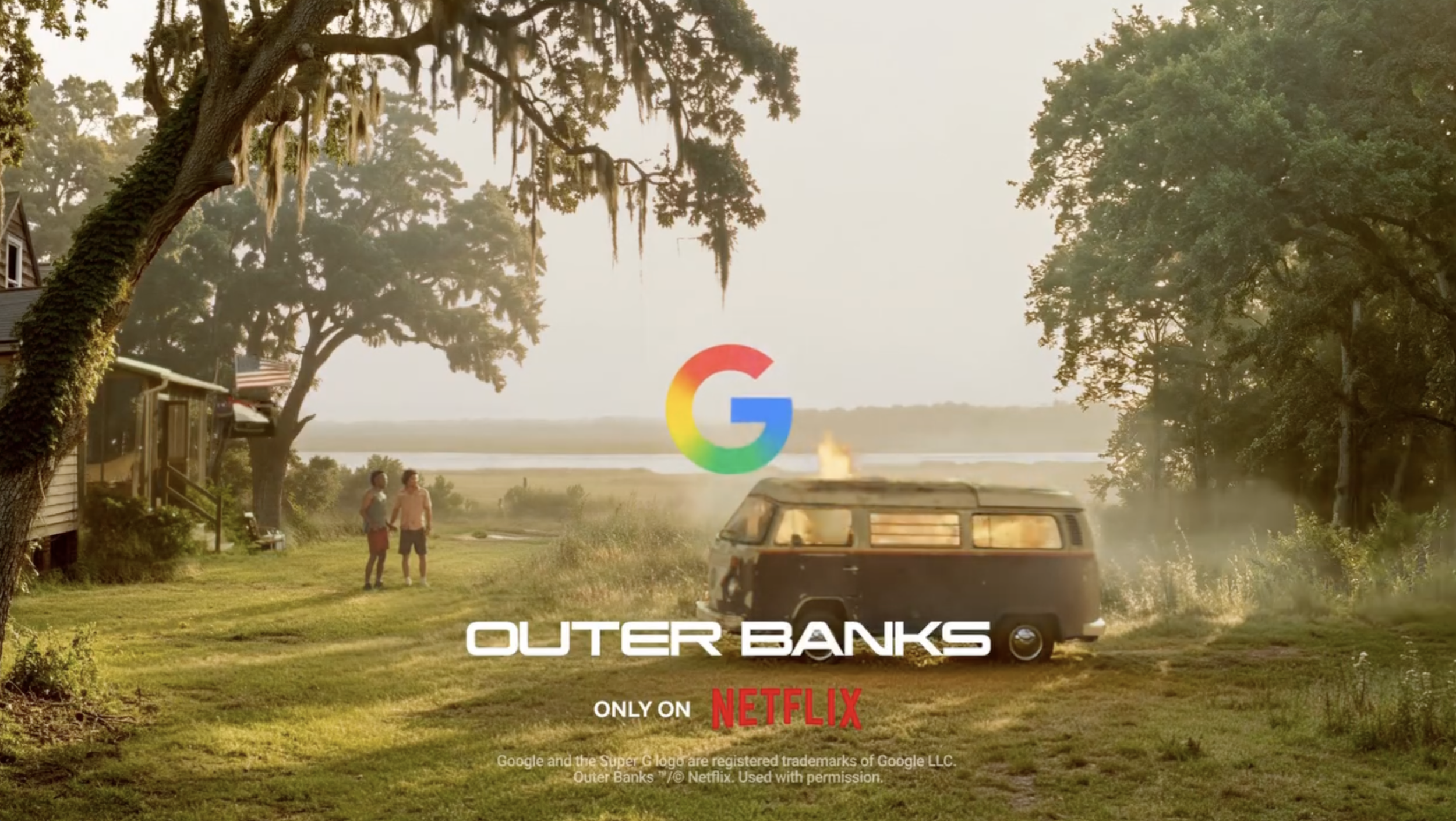 A rural outdoor scene with trees and a lake in the background. Two people are standing together on the grass, and a vehicle is driving away with dust behind it. Superimposed on the image are the Google logo, the Netflix logo, and the text 'Outer Banks'.