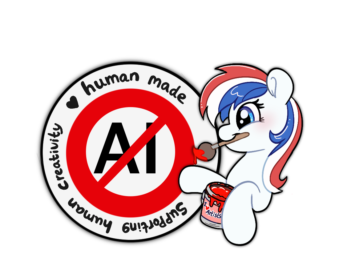 Britannia, mascot of UK PonyCon next to a red circle containing AI and surrounded by the text "human made" and "supporting human creativity"
