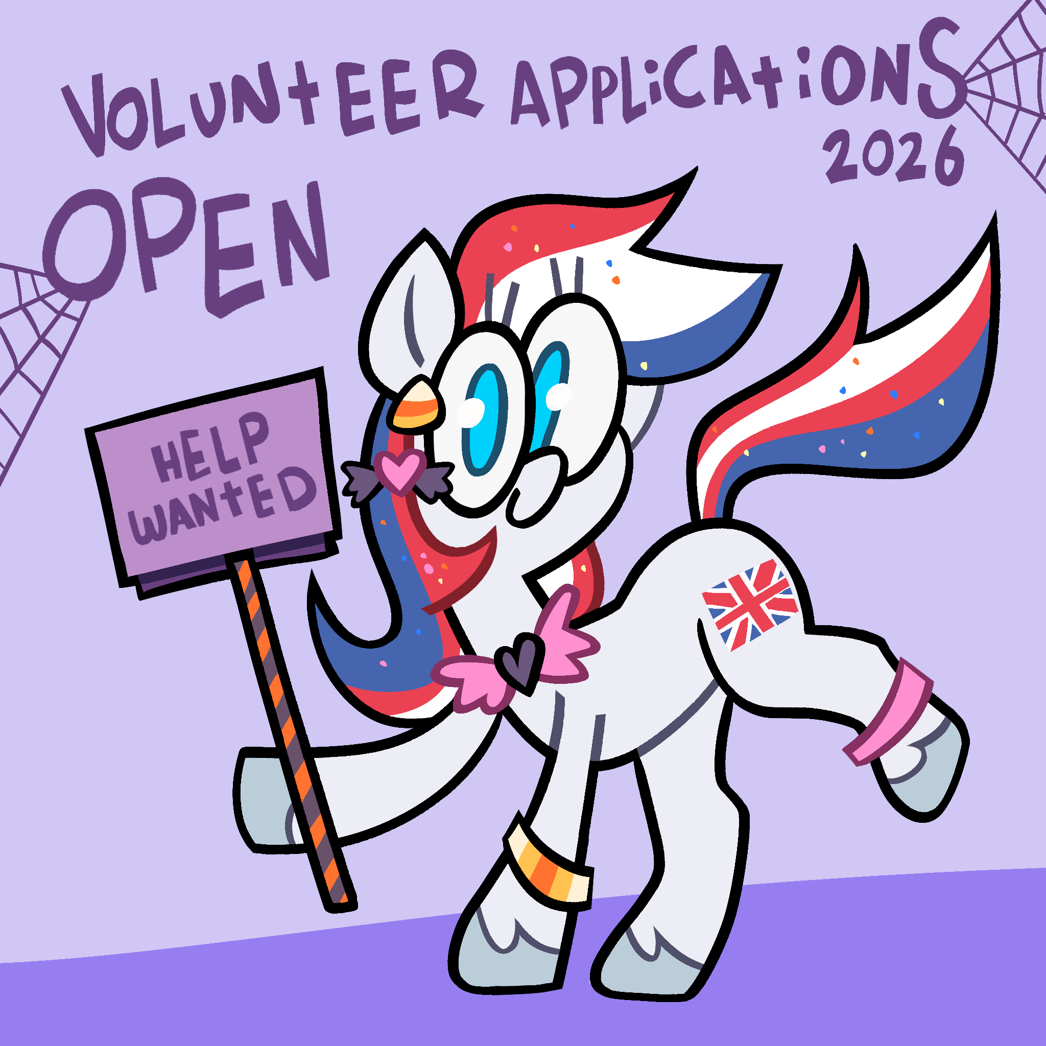 Britannia, mascot of UK PonyCon, holds a sign saying "Help Wanted" below text saying "Volunteer Applications 2026 open"
