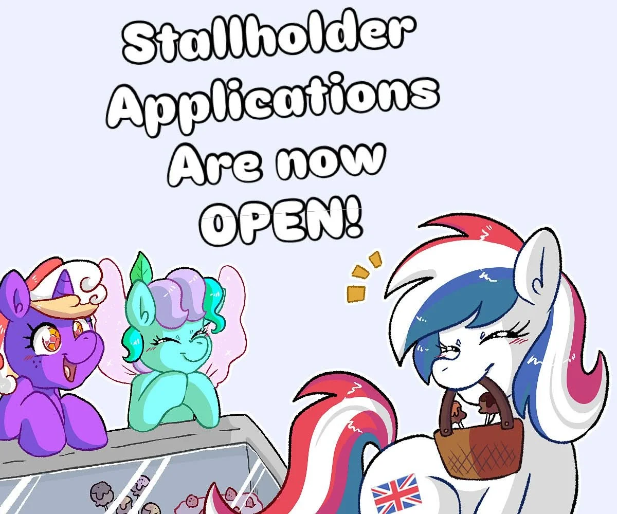 Britannia, mascot of UK PonyCon, holds a basket of shopping and smiles at two ponies behind a counter, below text that says "Stallholder applications are now open!"