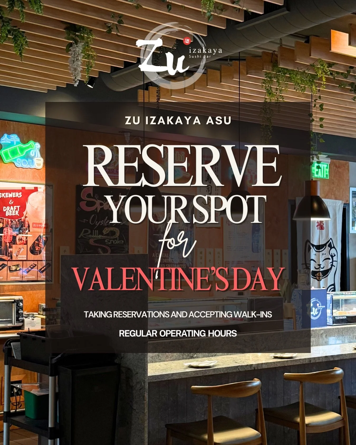 We invite you and your loved ones to dine with us on Valentine&rsquo;s Day at Zu Izakaya ASU 🌹🏮&hearts;️

Make reservations through our website (link available in our bio) or by calling us at 480-590-2903. 

We will be open during our normal busine