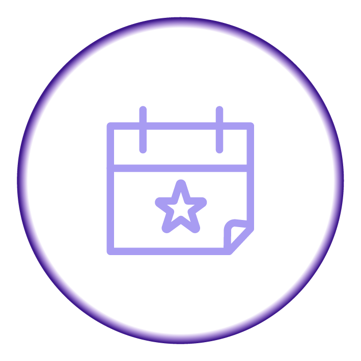 Purple calendar icon with a star inside, enclosed in a circle