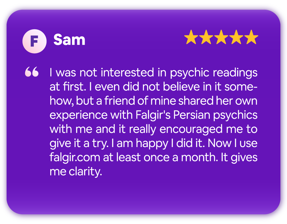 Purple customer review card for Falgir's services with a five-star rating and a testimonial from Sam, expressing initial skepticism but positive experience after trying Persian psychics.