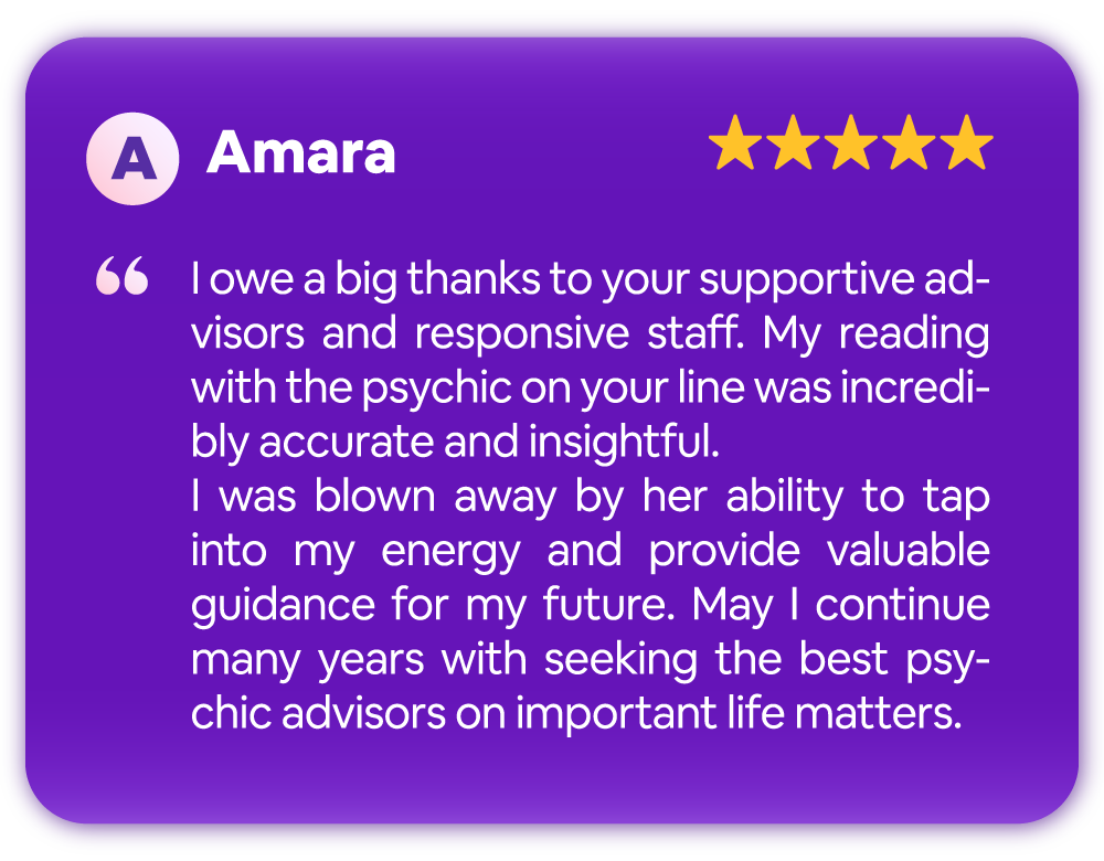 Testimonial graphic featuring a purple background with a five-star review. The name "Amara" is at the top, followed by a review praising psychic advisors for being supportive and insightful. The review mentions accurate and valuable guidance from a psychic, along with the hope to continue using their services for important life matters.