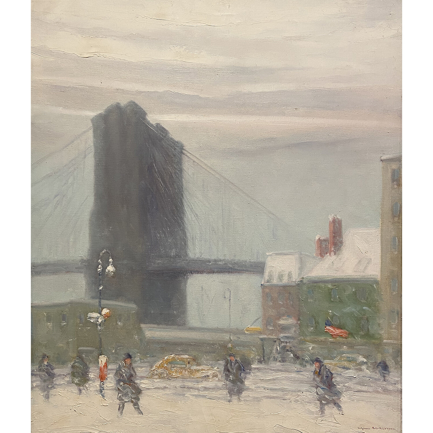 It may be 29 degrees outside, but it is warm inside at HMA! Stop by and see paintings like this one in &quot;FOUNDATIONS: Building Our Collection (1944-2024).&quot; Johann Berthelsen (1883-1969), &quot;Brooklyn Bridge,&quot; oil on canvas, Museum pur