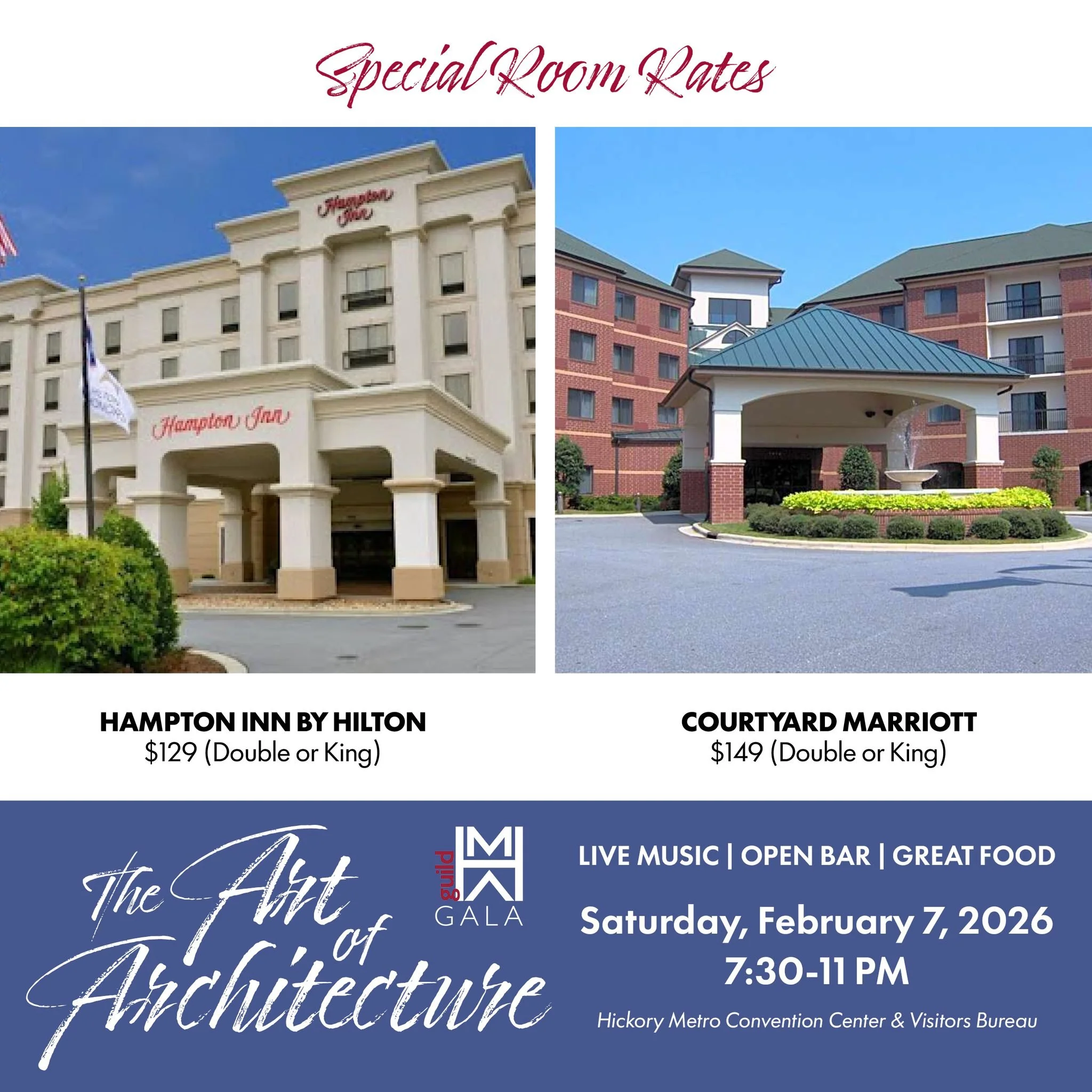 Make a whole night of it! With special room rates just steps from the gala doors at Hickory&rsquo;s Courtyard Marriott and Hampton Inn by Hilton, you can enjoy the evening and end the night safely, no driving required.

Contact the hotel directly to 